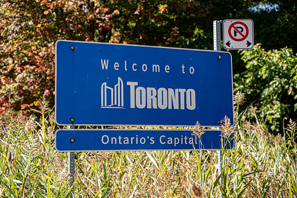 Welcome to Toronto road sign with Ontario's capital text. Toronto, Canada - October 1, 2025.