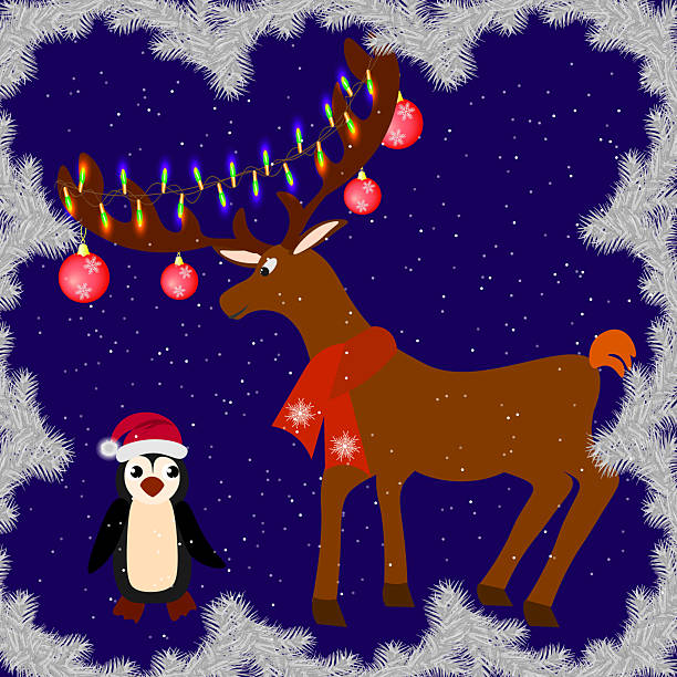 istock A reindeer with baubles and a garland  and a penguin 2239423393