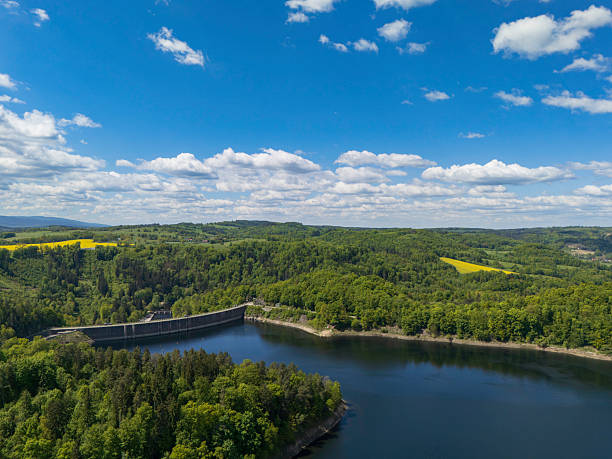A panoramic rural scene featuring a calm lake framed by dense forests, a curved dam, and rolling green hills under a vivid blue sky with fluffy white clouds, conveying tranquility and natural beauty.