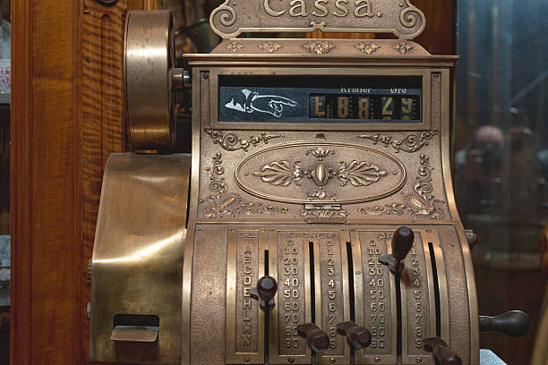 istock Old ornate brass cash register showing amount due 2239428623