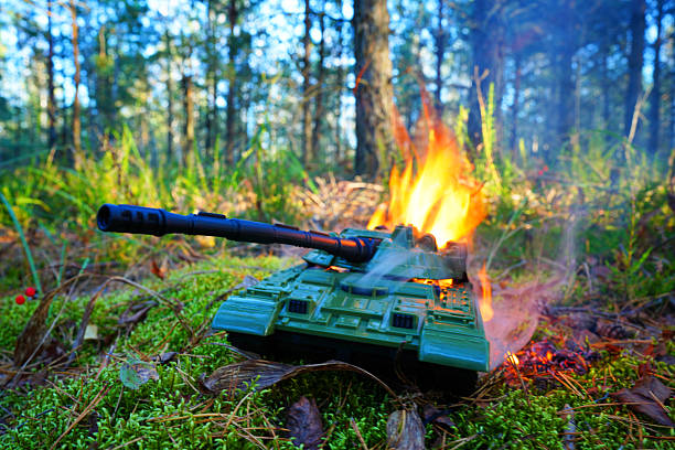 End of a conflict symbolized by a war tank and a white flower