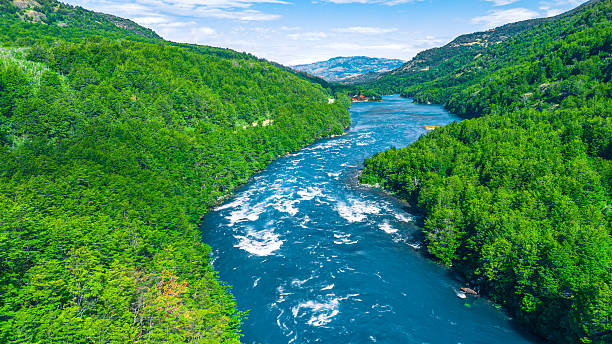 The Baker River winding through lush green valleys, surrounded by forested hills and distant snow-capped mountains under a cloudy sky. Its deep blue waters create a vibrant contrast with the rich greenery of Patagonian landscape.