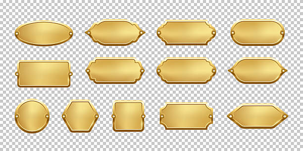 Blank golden metal nameplate plaques in various vintage shapes with decorative edges and screw holes. Metallic gold labels for engraving, signage, awards, door signs. Realistic vector illustration.