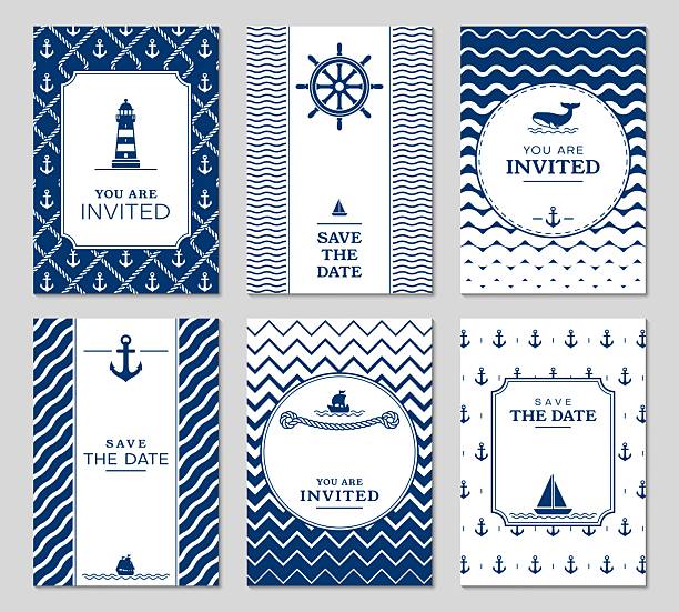 Marine Nautical invite and templates. Vector set of navy blue and white invitation cards with maritime icons like anchor, lighthouse, steering wheel, ship and whale evoke ocean vibes for marine events