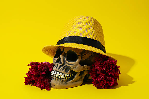 Skull in hat and flowers on yellow background