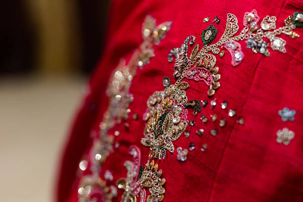 istock Indian bride’s traditional wedding outfit textile fabric and pattern close up 2239477525