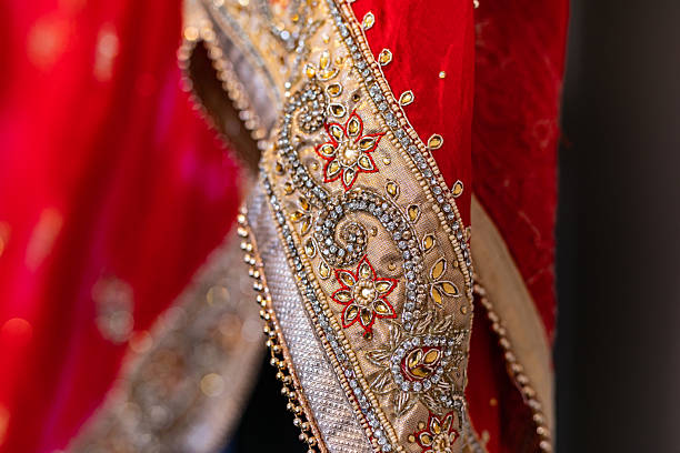 istock Indian bride’s traditional wedding outfit textile fabric and pattern close up 2239477663
