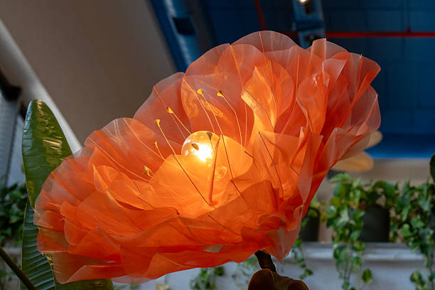 A flower shaped light fixture inside the building