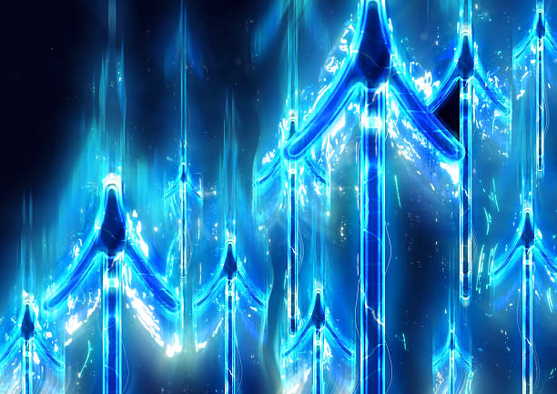3d illustration of abstract blue arrow rays moving upwards in technology concept
