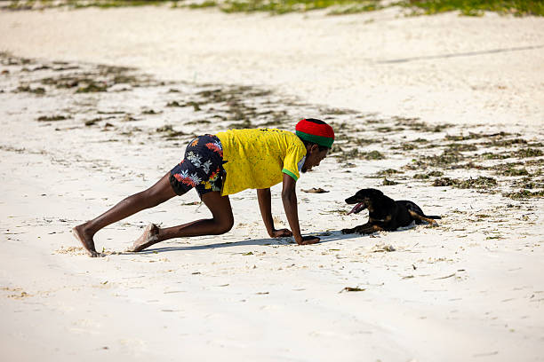 Man and dog having fun on the seaside