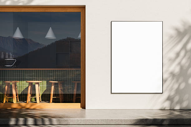 istock Modern cafe interior with wooden stools and large blank poster mockup on exterior white wall in daylight setting. 3D Rendering. 3D Rendering 2239489849