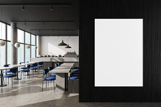 istock Modern restaurant interior with large wall poster mockup in dark vertical panel design and minimalist furniture setup under natural daylight exposure. 3D Rendering 2239489874