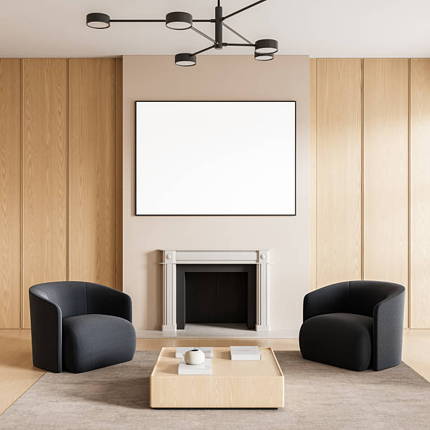 istock Modern interior design mockup with blank poster frame above fireplace and minimalist furniture in neutral living room setting on wooden wall background. 3D Rendering 2239490621