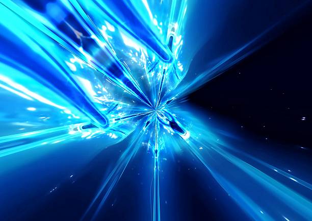 3D illustration of abstract blue light rays radiating on a black background in a science and technology concept