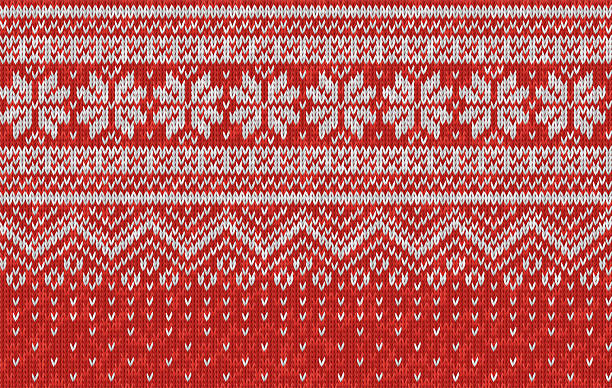 Vector seamless texture of red wool knit. Knitted Christmas and New Year pattern with snowflakes. Template of knitwear for background, wallpaper, backdrop. Scandinavian, Norwegian style.