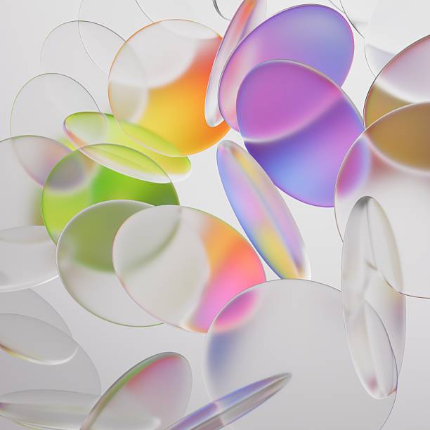 istock 3d rendering. Abstract colored glass lenses. A kaleidoscope of oval crystals with iridescent dispersion. Modern minimalist concept 2239506884