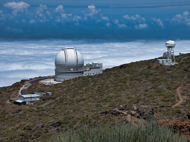 istock White Spherical Telescope Dome on Peak - Large white astronomical observatory with a spherical dome set high on a mountain ridge, overlooking clouds and the deep blue ocean. 2239509405