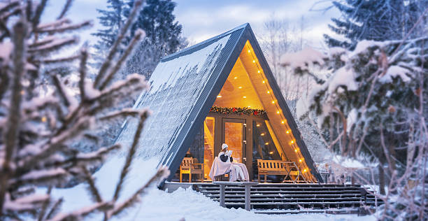istock A trip to the winter forest and a morning tea party in a magical triangular house in a coniferous forest. A woman drinks coffee early on Christmas morning panorama 2239510775