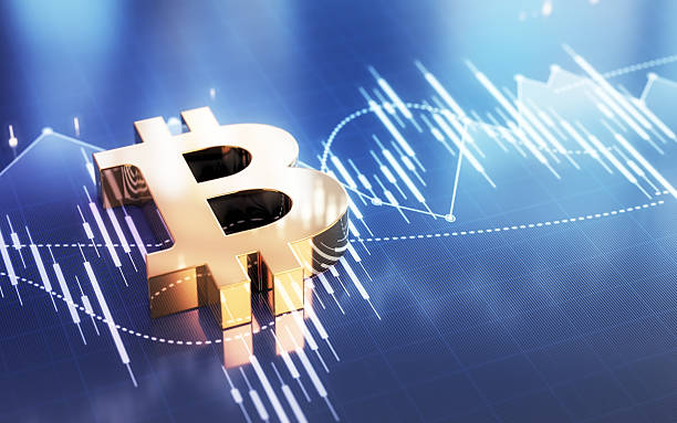 istock Gold Bitcoin Symbol on Blue White Financial Chart Background 2239513006