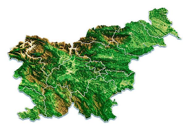 3D Render of a Satellite Topographic Map of Slovenia, Southern Europe. Isolated on white background.\nAll source data is in the public domain.\nColor and Water texture: Contains modified Copernicus Sentinel data (2021) courtesy of ESA.\nURL of source image: https://dataspace.copernicus.eu/explore-data/data-collections/sentinel-data/sentinel-2\nRelief texture: SRTM data courtesy of NASA JPL (2020). URL of source image:\nhttps://lpdaac.usgs.gov/products/srtmgl1v003/