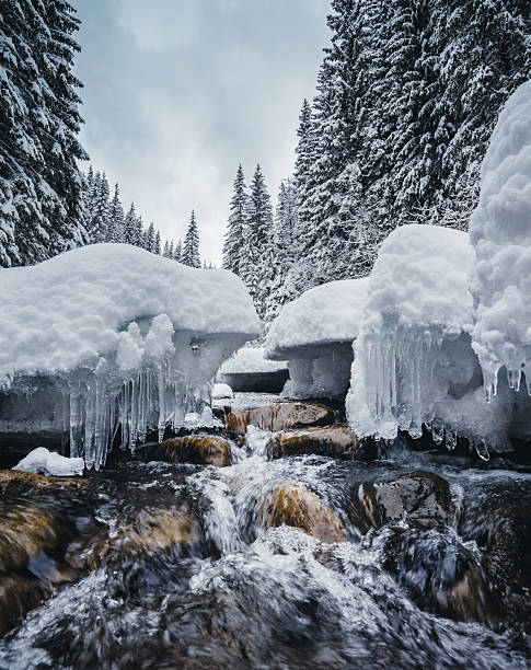 Frozen stones on the river on a frosty day. Location Carpathian mountain, Ukraine, Europe. Alpine ski resort. Exotic wintry scene. Great winter wallpaper. Happy New Year! Discover the beauty of world.