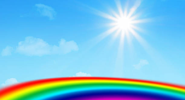 Rainbow on clear blue sky with white clouds after raining on sunny morning day on period between summer to rainy season can be use as background of any content about nature or fantasy story.
