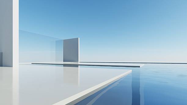 istock 3d render of abstract modern geometry architecture with empty cement floor and water, Minimal white building with exterior pool against blue sky background 2239519091