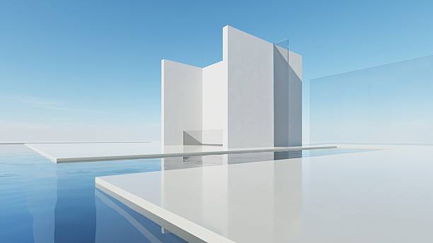 istock 3d render of abstract modern geometry architecture with empty cement floor and water, Minimal white building with exterior pool against blue sky background 2239519095