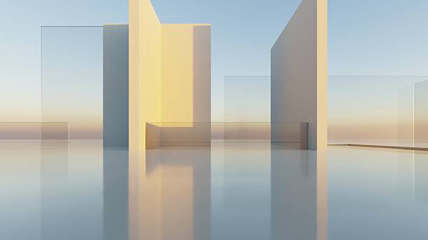 istock 3d render of abstract modern geometry architecture with empty cement floor and water, Minimal white building with exterior pool against blue sky background 2239519148