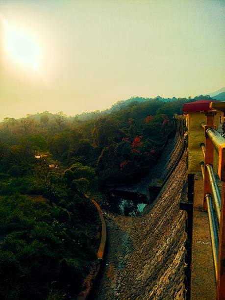 An overhead view of a curving stone dam wall leading into a lush, deep valley filled with dense greenery. A bright, hazy sun creates a golden atmosphere over the scene.