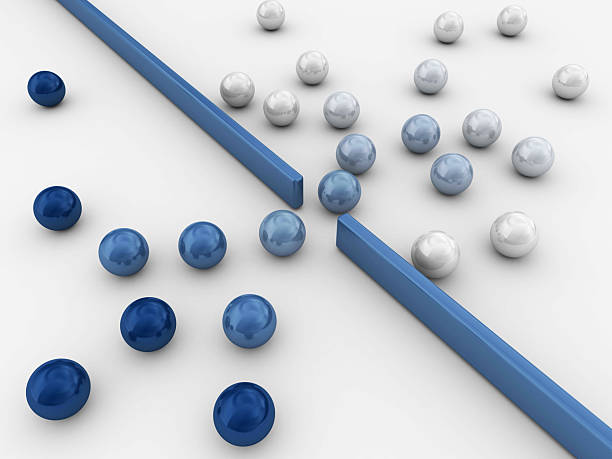 3d render. A modern abstract composition featuring blue barriers slicing a field of glossy white and blue spheres. Clean lines and color contrast evoke separation, balance, and choice in a minimalist, geometric setting.