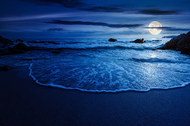 istock calm sea landscape with wave rolling on sandy beach with boulders at night 2239527521