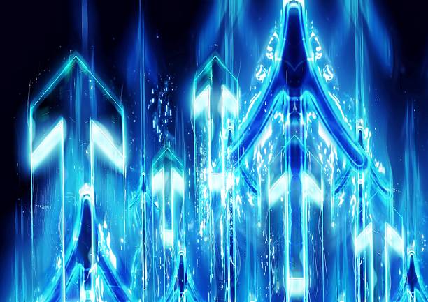 3d illustration of abstract blue arrow rays moving upwards in technology concept