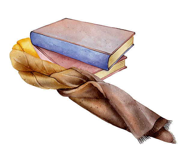 Watercolor illustration of two vintage books and warm scarf on white background. Perfect for cozy home decor, bookstore design, reading club posters, autumn compositions, and packaging design.