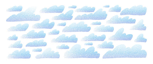 Noise creamy gradient textured clouds set. Naive blue shadow sky elements. Grain pastel textured weather elements. Dots gradient scribble cloud. Vector collection illustration on beige background.