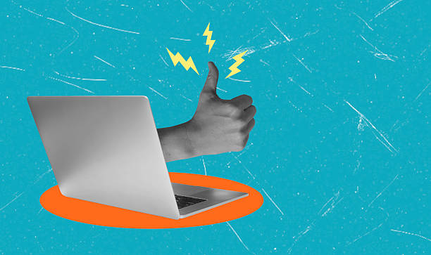 istock Art collage, Positive feedback symbolized by thumbs up next to a laptop on a bright background 2239538028