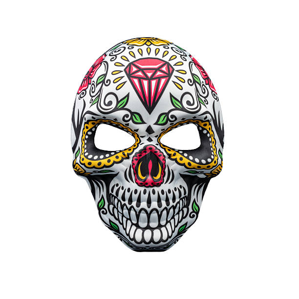 Halloween mask representing a traditional mexican skull with colorful floral pattern isolated on a white background.