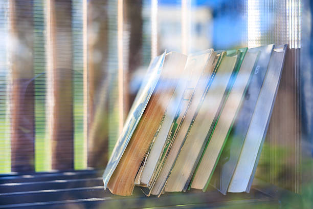 Books sunlit shelf with reflections from a window.