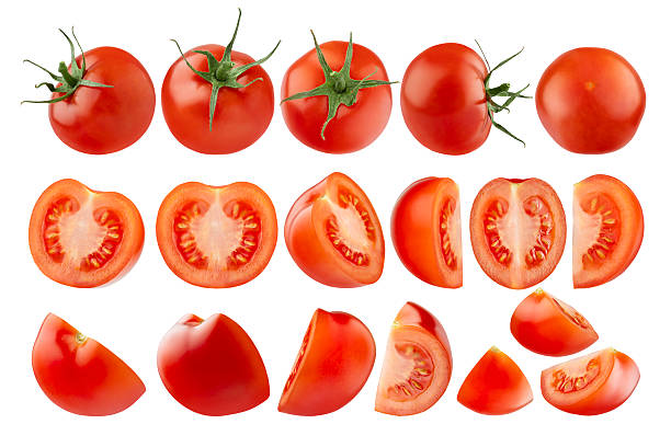 istock Assortment of ripe tomatoes, round perfect whole, half, quarter displaying rich red color with green stems, isolated. Studio shot. Great for farm-fresh organic produce, culinary advertising, design. 2239548607