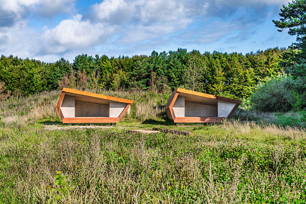 Two geometric wooden shelters sit in a grassy meadow, inviting rest and contemplation amid a natural landscape of wildflowers and pine trees beneath a clear, sunny sky.