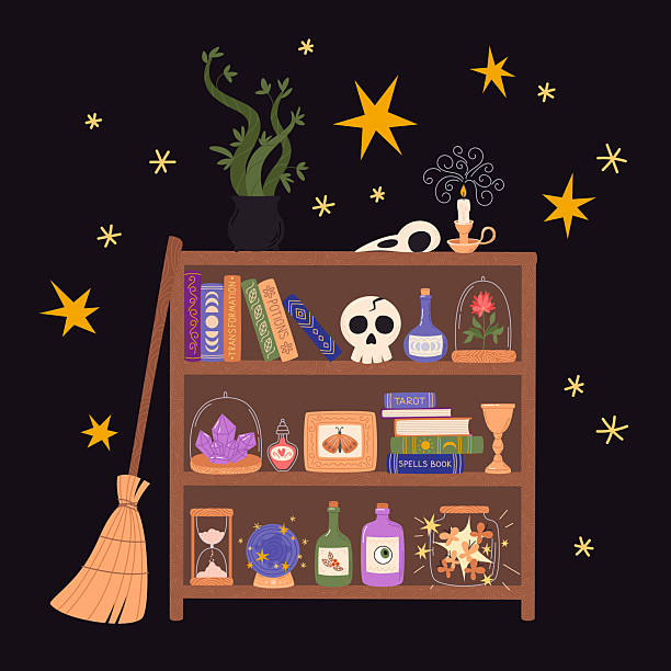 Bookshelf with witchcraft items. Vector illustration of magic decor. Halloween spooky interior