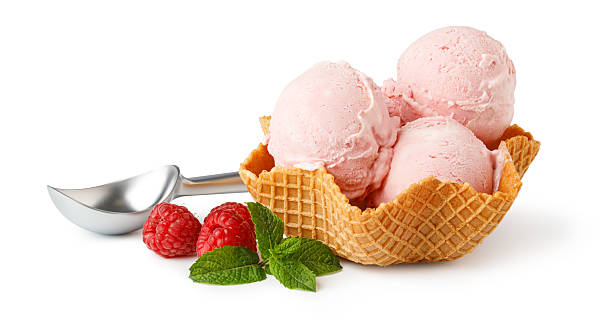 istock Raspberry ice cream scoops in waffle basket with fresh mint and ice cream scoop 2239554276