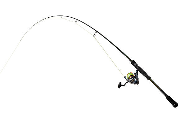 Fishing rod with reel and line bending under pressure on white background