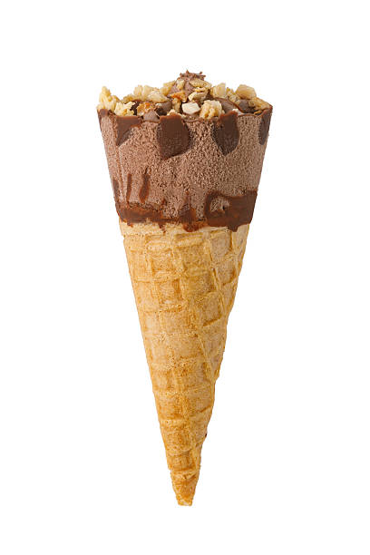 istock Delicious chocolate ice cream cone topped with nuts and chocolate drizzle on white background 2239555589