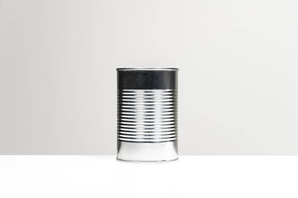 A can of canned fast food with a white background on a smooth white surface