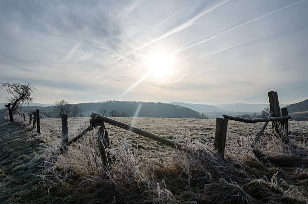 A  fence on a pasture , with ground frost on a cold winter day  with sun