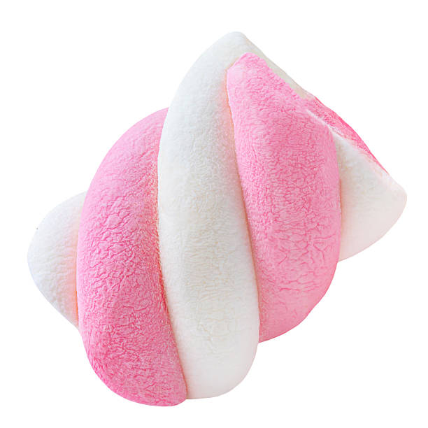 Flying one Marshmallow candy isolated on white. High-Quality Levitating Marshmallow. Twisted colorful marshmallow Top view. Flat lay. 