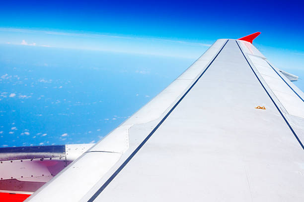 Airplane wing with engine and high up sky panorama