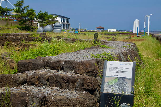Terraced drystone walls and a bilingual information board describe Batdam techniques at the theme park, with grasses and lavarock paths leading toward nearby buildings on Jeju's windswept northeast coast.