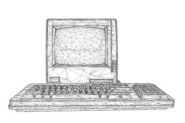 A retro computer with keyboard in black and white wireframe illustration stands isolated on a clean white background.